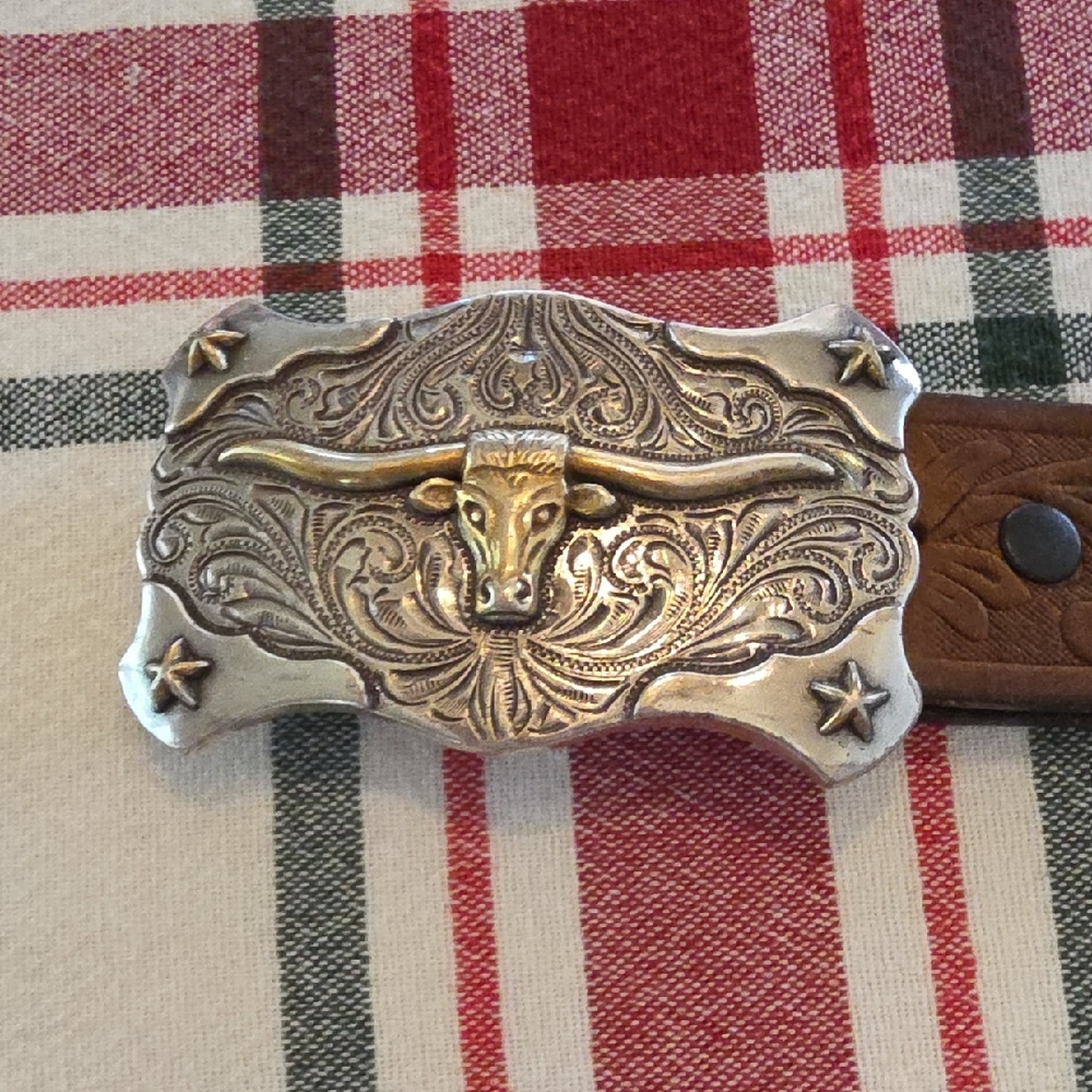 Silver Western Longhorn Belt Buckle And Genuine Leather Belt Kids
